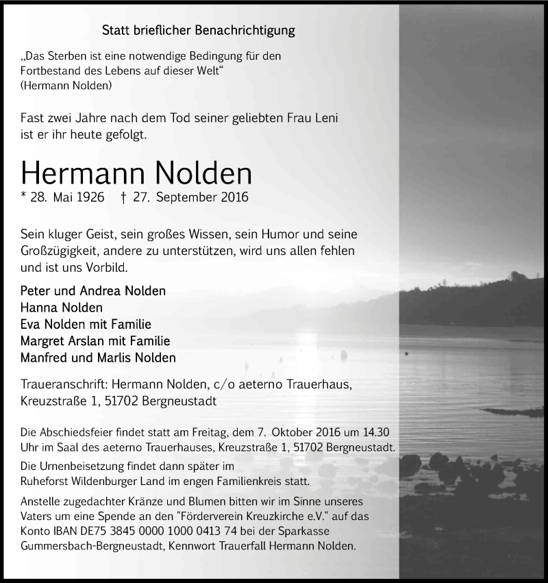  Traueranzeige für Hermann Nolden vom 01.10.2016 aus Kölner Stadt-Anzeiger / Kölnische Rundschau / Express