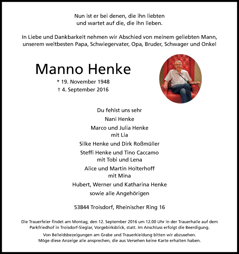  Traueranzeige für Manno Henke vom 08.09.2016 aus Kölner Stadt-Anzeiger / Kölnische Rundschau / Express