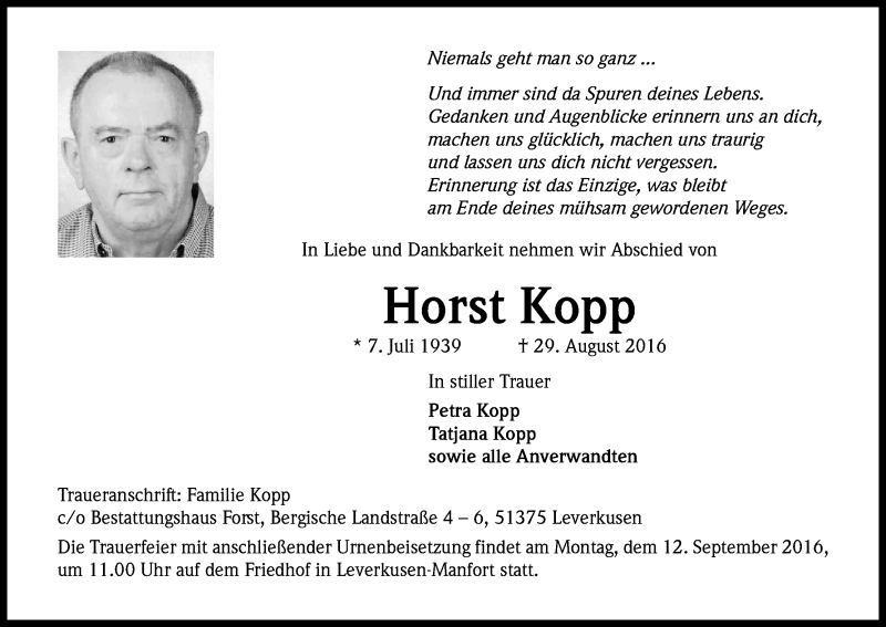  Traueranzeige für Horst Kopp vom 03.09.2016 aus Kölner Stadt-Anzeiger / Kölnische Rundschau / Express