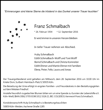 Anzeige von Franz Schmalbach von Kölner Stadt-Anzeiger / Kölnische Rundschau / Express