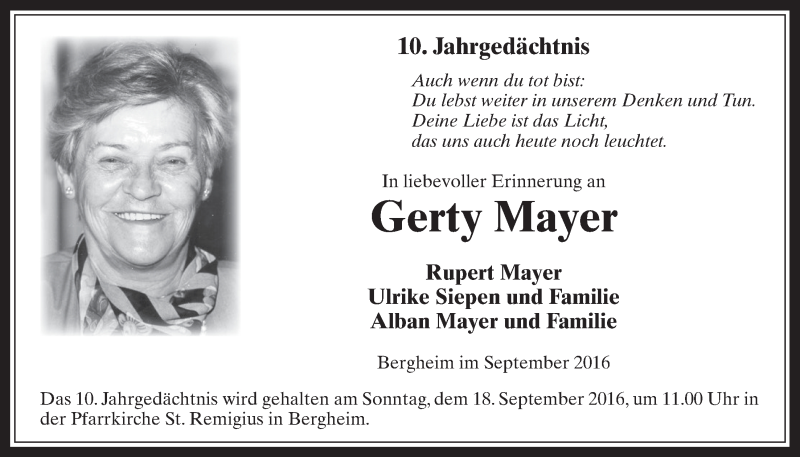  Traueranzeige für Gerty Mayer vom 14.09.2016 aus  Werbepost 