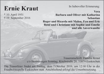 Anzeige von Ernie Kraut von  Blickpunkt Euskirchen 