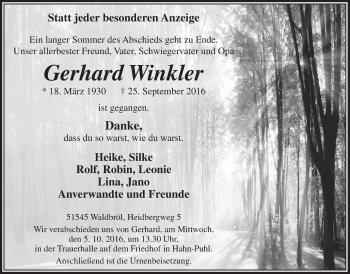 Anzeige von Gerhard Winkler von  Lokalanzeiger 