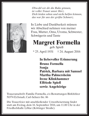 Anzeige von Margret Formella von  Werbepost 