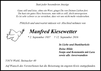 Anzeige von Manfred Kiesewetter von Kölner Stadt-Anzeiger / Kölnische Rundschau / Express
