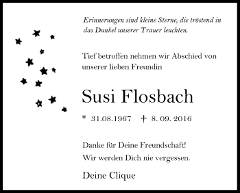 Anzeige von Susi Flosbach von Kölner Stadt-Anzeiger / Kölnische Rundschau / Express