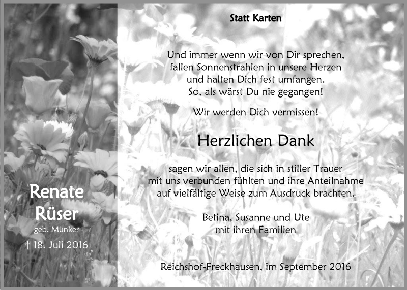  Traueranzeige für Renate Rüser vom 07.09.2016 aus  Anzeigen Echo 