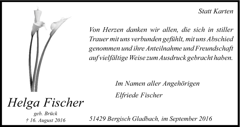  Traueranzeige für Helga Fischer vom 24.09.2016 aus Kölner Stadt-Anzeiger / Kölnische Rundschau / Express