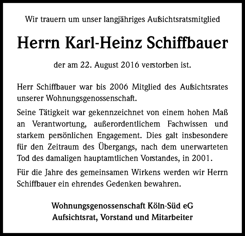  Traueranzeige für Karl-Heinz Schiffbauer vom 24.09.2016 aus Kölner Stadt-Anzeiger / Kölnische Rundschau / Express