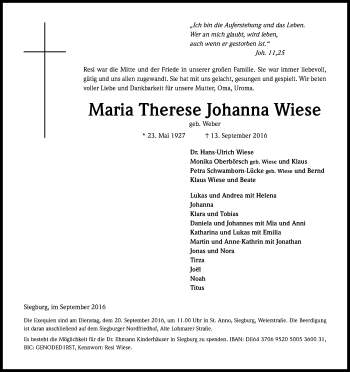 Anzeige von Maria Therese Johanna Wiese von Kölner Stadt-Anzeiger / Kölnische Rundschau / Express