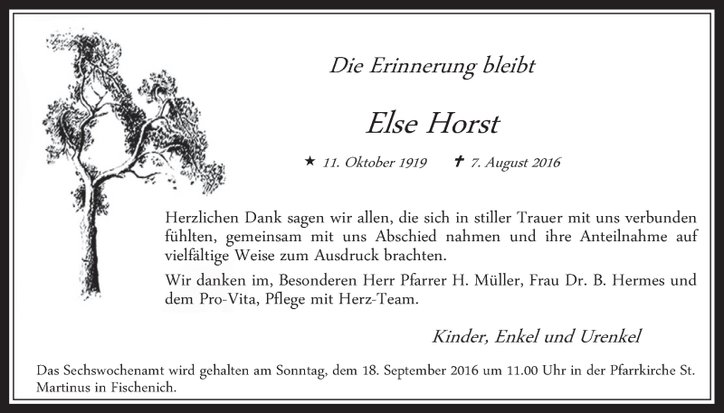  Traueranzeige für Else Horst vom 14.09.2016 aus  Wochenende 