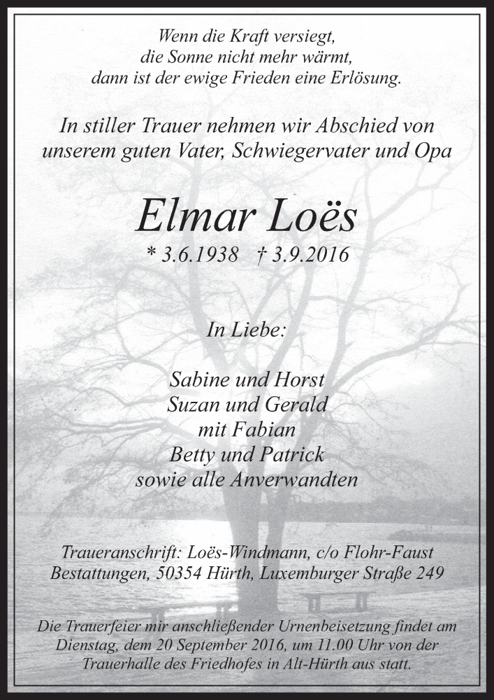  Traueranzeige für Elmar Loes vom 17.09.2016 aus  Sonntags-Post 