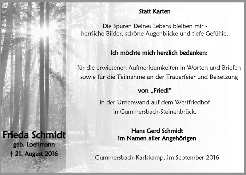  Traueranzeige für Frieda Schmidt vom 28.09.2016 aus  Anzeigen Echo 