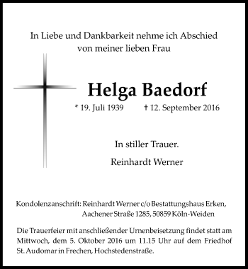 Anzeige von Helga Baedorf von  Sonntags-Post 
