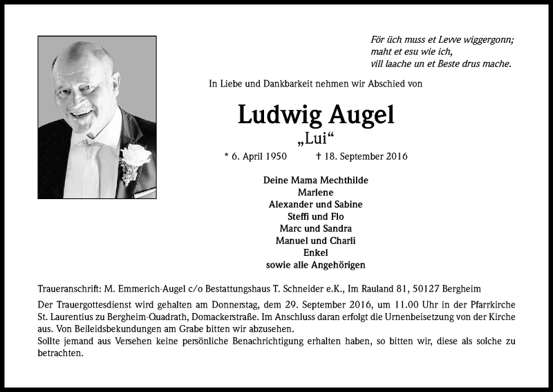  Traueranzeige für Ludwig Augel vom 24.09.2016 aus Kölner Stadt-Anzeiger / Kölnische Rundschau / Express