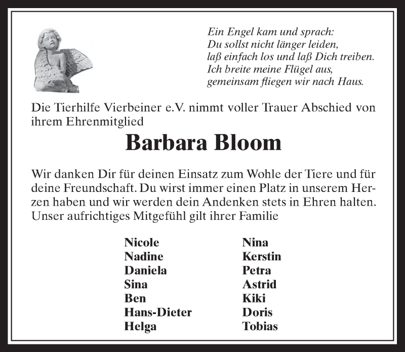  Traueranzeige für Barbara Bloom vom 07.09.2016 aus  Werbepost 