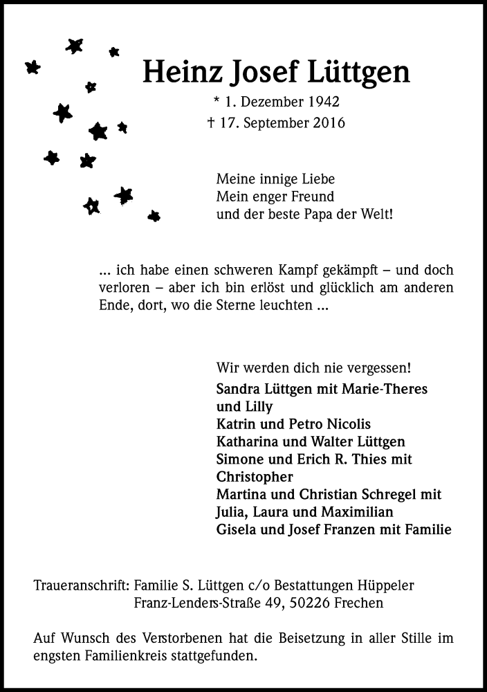 Traueranzeige für Heinz Josef Lüttgen vom 01.10.2016 aus Kölner Stadt-Anzeiger / Kölnische Rundschau / Express