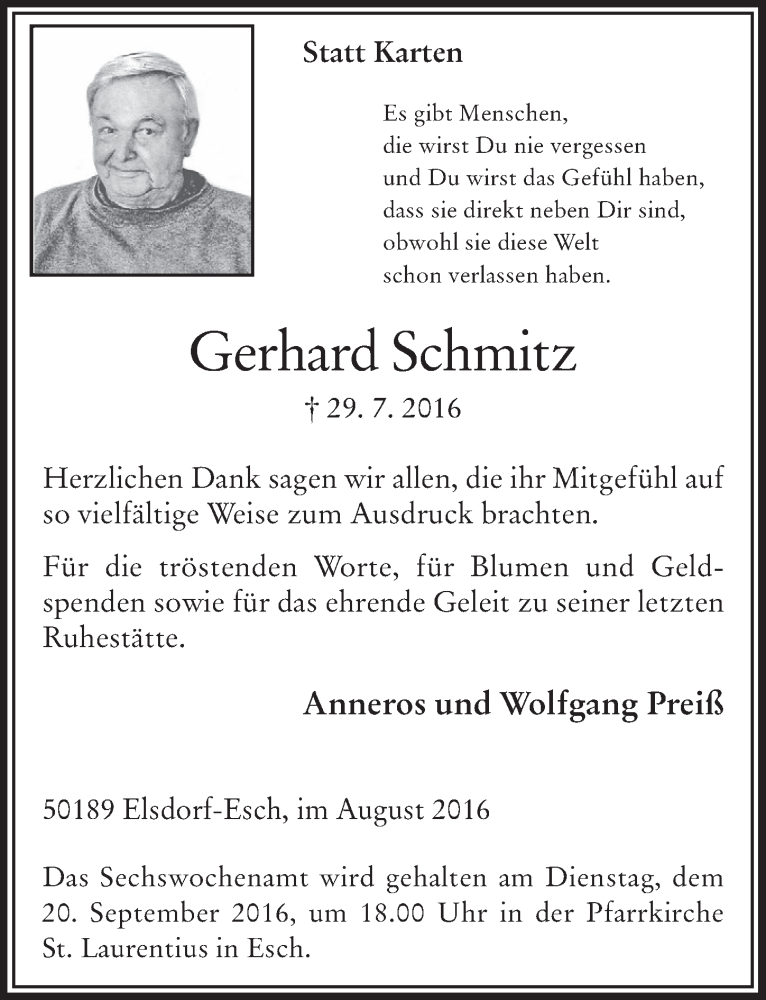  Traueranzeige für Gerhard Schmitz vom 14.09.2016 aus  Werbepost 