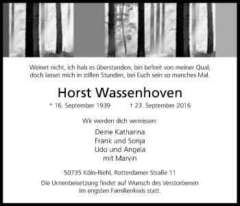 Anzeige von Horst Wassenhoven von Kölner Stadt-Anzeiger / Kölnische Rundschau / Express