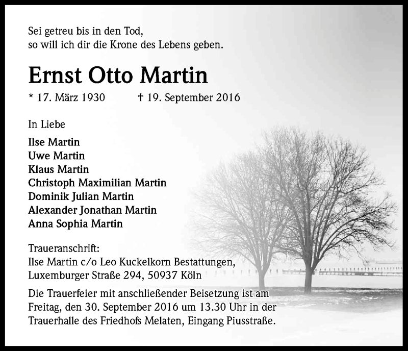  Traueranzeige für Ernst Otto Martin vom 24.09.2016 aus Kölner Stadt-Anzeiger / Kölnische Rundschau / Express