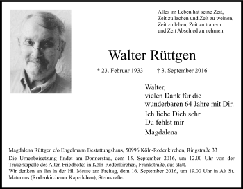 Anzeige von Walter Rüttgen von Kölner Stadt-Anzeiger / Kölnische Rundschau / Express