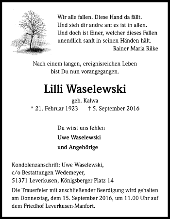 Anzeige von Lilli Waselewski von Kölner Stadt-Anzeiger / Kölnische Rundschau / Express