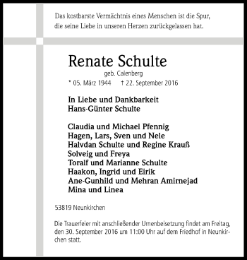 Anzeige von Renate Schulte von Kölner Stadt-Anzeiger / Kölnische Rundschau / Express