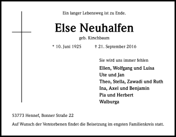 Anzeige von Else Neuhalfen von Kölner Stadt-Anzeiger / Kölnische Rundschau / Express