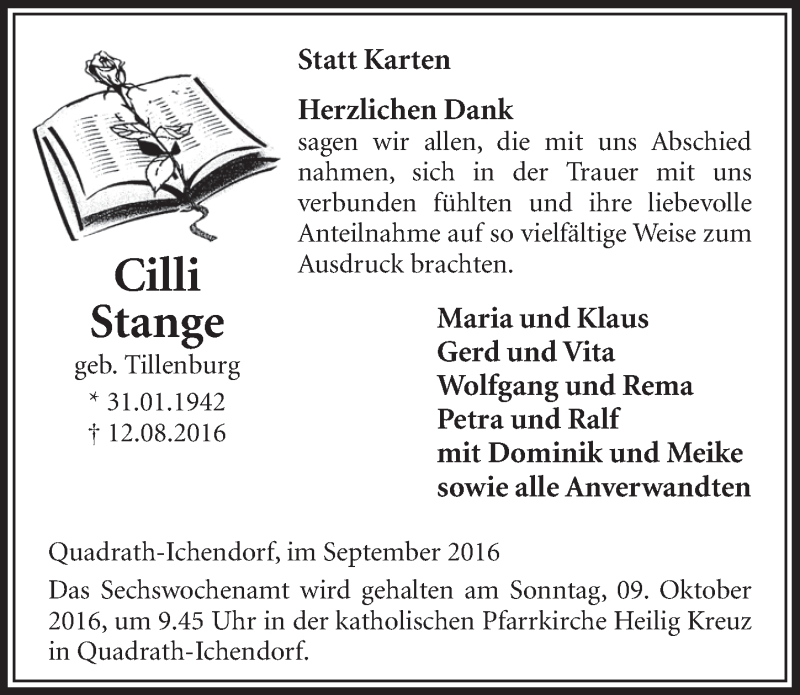  Traueranzeige für Cilli Stange vom 01.10.2016 aus  Sonntags-Post 