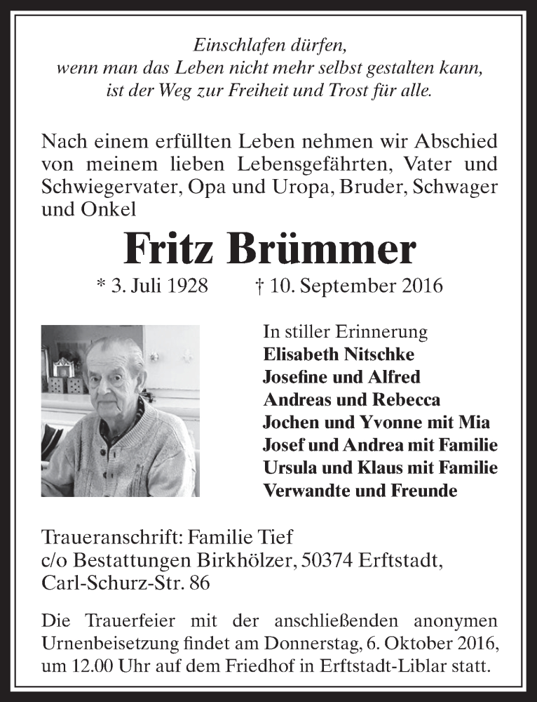  Traueranzeige für Fritz Brümmer vom 28.09.2016 aus  Werbepost 