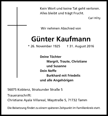 Anzeige von Günter Kaufmann von Kölner Stadt-Anzeiger / Kölnische Rundschau / Express