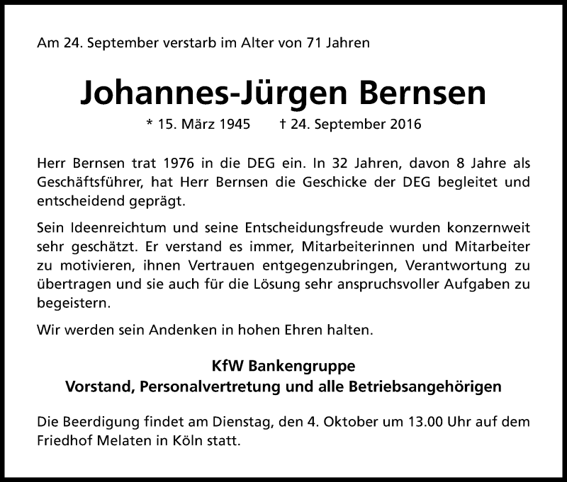  Traueranzeige für Johannes-Jürgen Bernsen vom 01.10.2016 aus Kölner Stadt-Anzeiger / Kölnische Rundschau / Express