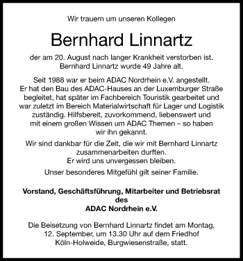 Anzeige von Bernhard Linnartz von Kölner Stadt-Anzeiger / Kölnische Rundschau / Express