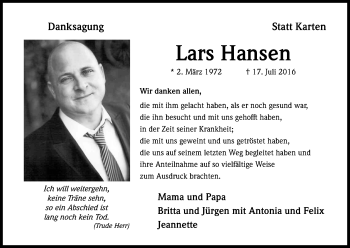 Anzeige von Lars Hansen von Kölner Stadt-Anzeiger / Kölnische Rundschau / Express