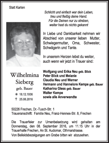 Anzeige von Wilhelmina Sieberg von  Sonntags-Post 