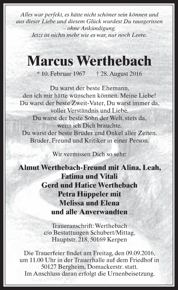  Traueranzeige für Marcus Werthebach vom 07.09.2016 aus  Werbepost 