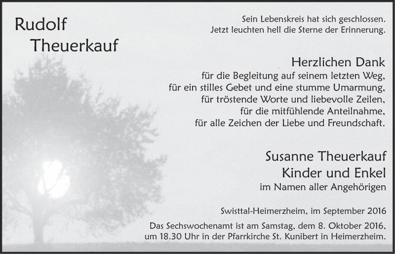  Traueranzeige für Rudolf Theuerkauf vom 28.09.2016 aus  Schaufenster/Blickpunkt 