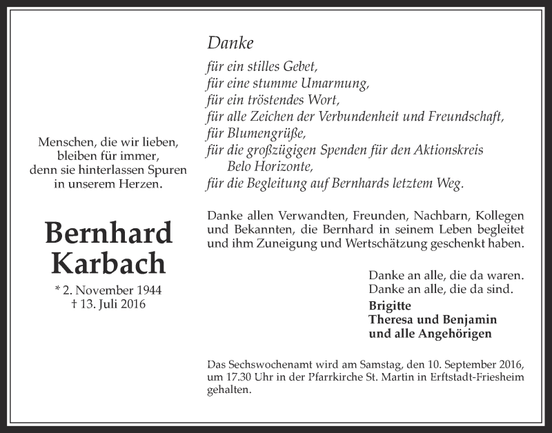  Traueranzeige für Bernhard Karbach vom 07.09.2016 aus  Werbepost 