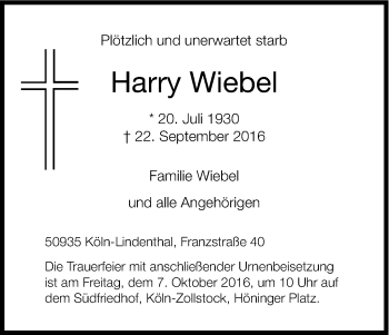 Anzeige von Harry Wiebel von Kölner Stadt-Anzeiger / Kölnische Rundschau / Express