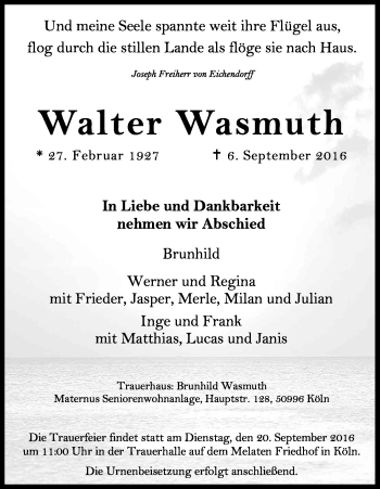 Anzeige von Walter Wasmuth von Kölner Stadt-Anzeiger / Kölnische Rundschau / Express