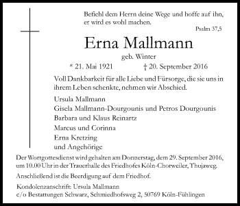 Anzeige von Erna Mallmann von Kölner Stadt-Anzeiger / Kölnische Rundschau / Express