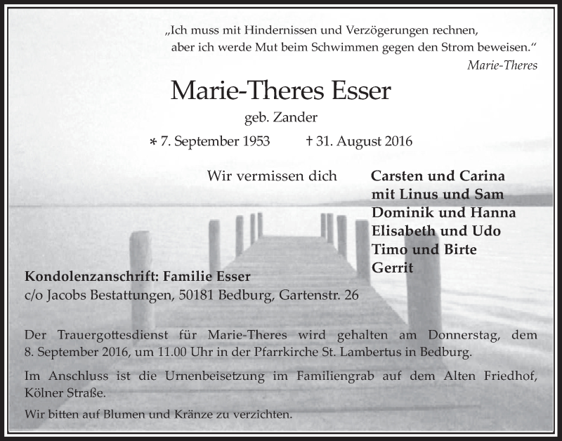  Traueranzeige für Marie-Theres Esser vom 07.09.2016 aus  Werbepost 