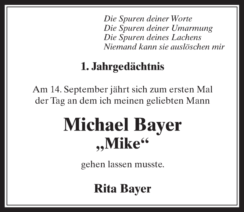  Traueranzeige für Michael Bayer vom 14.09.2016 aus  Werbepost 