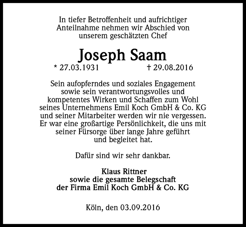  Traueranzeige für Joseph Saam vom 03.09.2016 aus Kölner Stadt-Anzeiger / Kölnische Rundschau / Express
