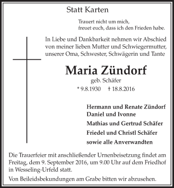 Anzeige von Maria Zündorf von  Kölner Wochenspiegel  Schlossbote/Werbekurier 