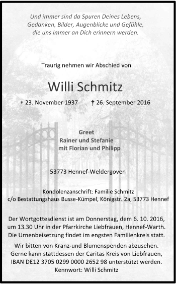 Anzeige von Willi Schmitz von Kölner Stadt-Anzeiger / Kölnische Rundschau / Express