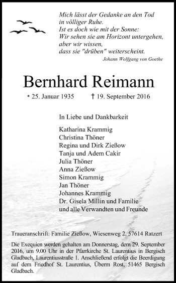 Anzeige von Bernhard Reimahn von Kölner Stadt-Anzeiger / Kölnische Rundschau / Express