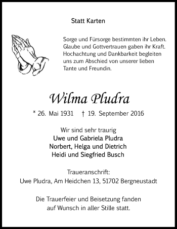 Anzeige von Wilma Pludra von Kölner Stadt-Anzeiger / Kölnische Rundschau / Express