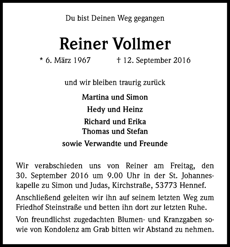  Traueranzeige für Reiner Vollmer vom 24.09.2016 aus Kölner Stadt-Anzeiger / Kölnische Rundschau / Express