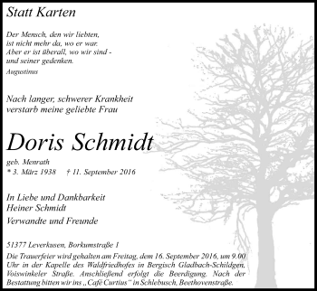 Anzeige von Doris Schmidt von Kölner Stadt-Anzeiger / Kölnische Rundschau / Express